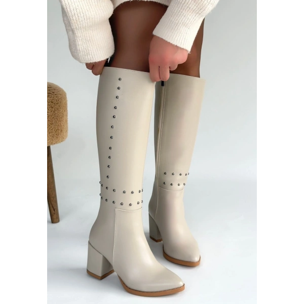 Tiyan Bej Cilt Topuklu Çizme