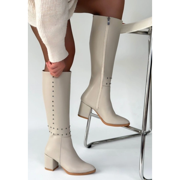 Tiyan Bej Cilt Topuklu Çizme