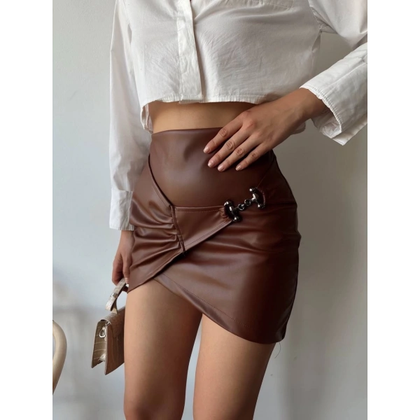 Tokalı deri etek kahve s240097