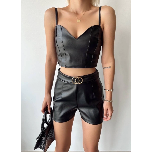 Tokalı deri şort siyah s24444
