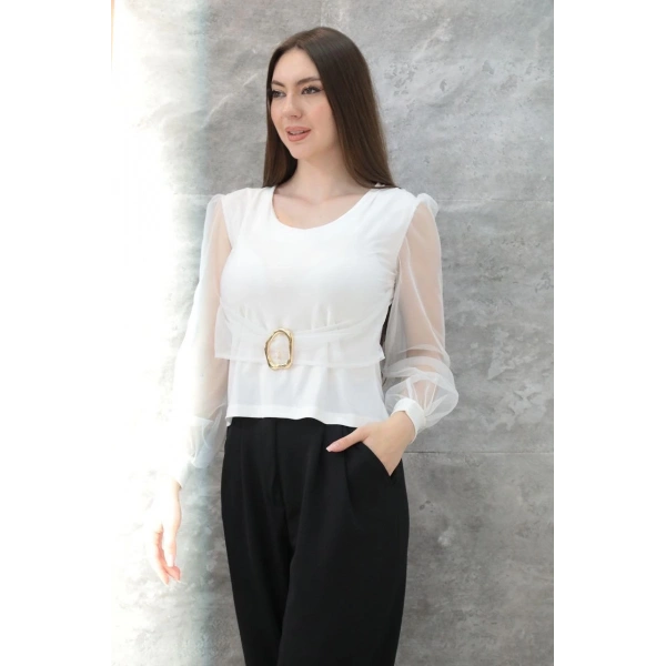 Tokalı tül kollu bluz beyaz t4071