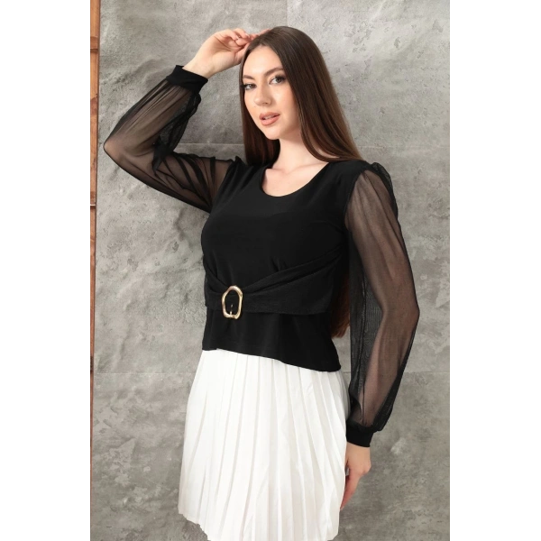 Tokalı tül kollu bluz siyah t4071