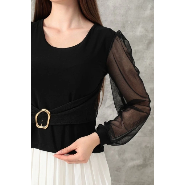 Tokalı tül kollu bluz siyah t4071