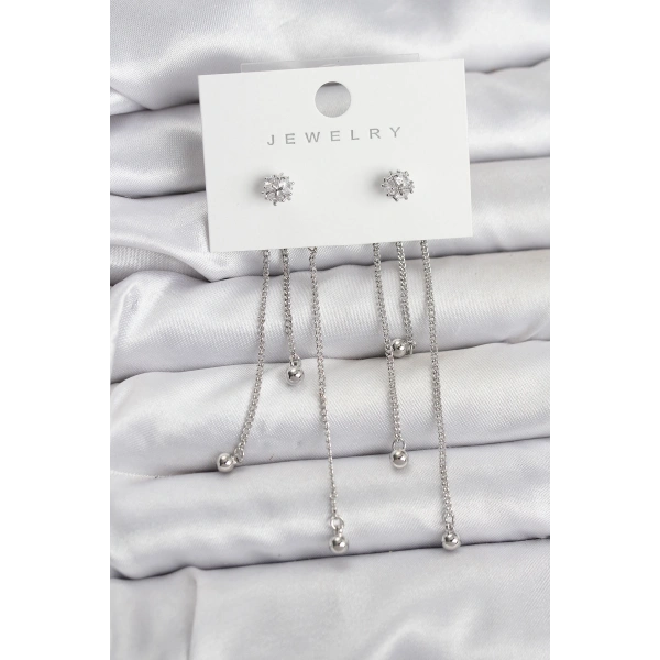 Topçuk Model Gümüş Renk Pirinç Sallantılı Kadın Küpe Seti