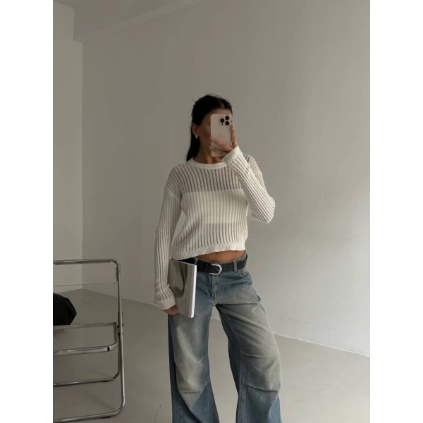 Triko transparent bluz beyaz