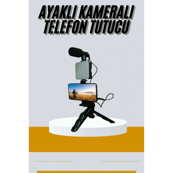 Tripod Telefon Tutucu Kumandalı Mikrofon Led Işık Vlog Video Kayıt
