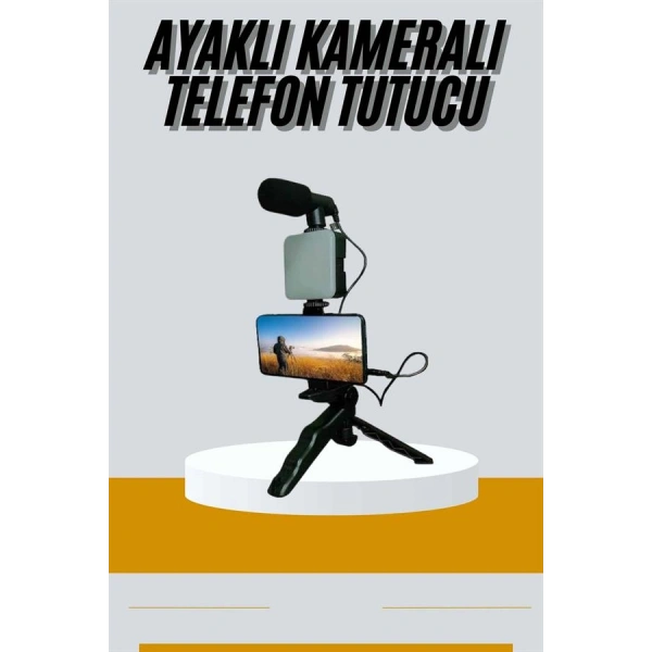 Tripod Telefon Tutucu Kumandalı Mikrofon Led Işık Vlog Video Kayıt
