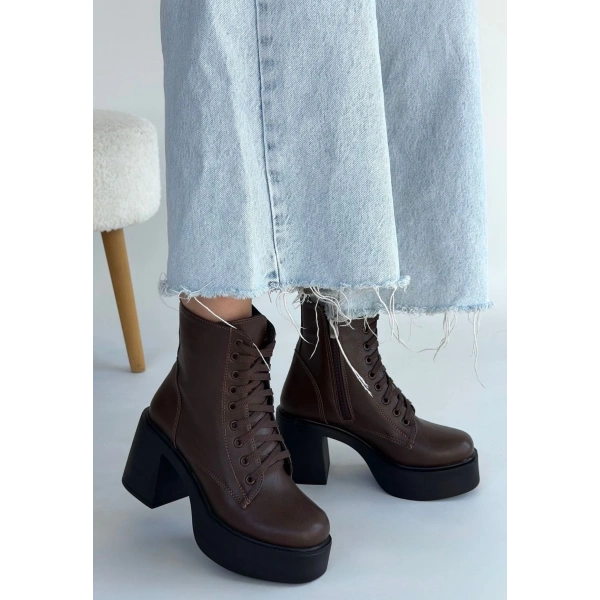 Tsan Kahverengi Cilt Bağcıklı Topuklu Bot