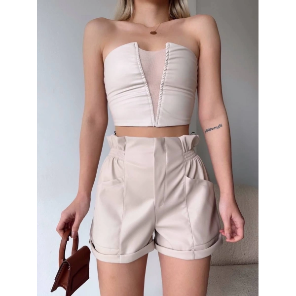 Tüllü deri crop bej w24615