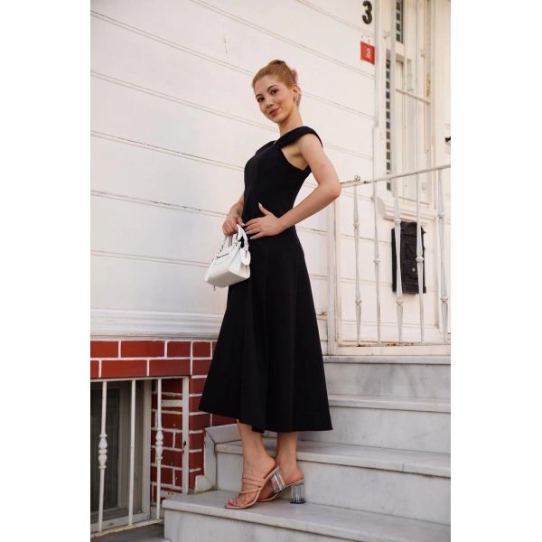 U yaka prenses elbise siyah s255101