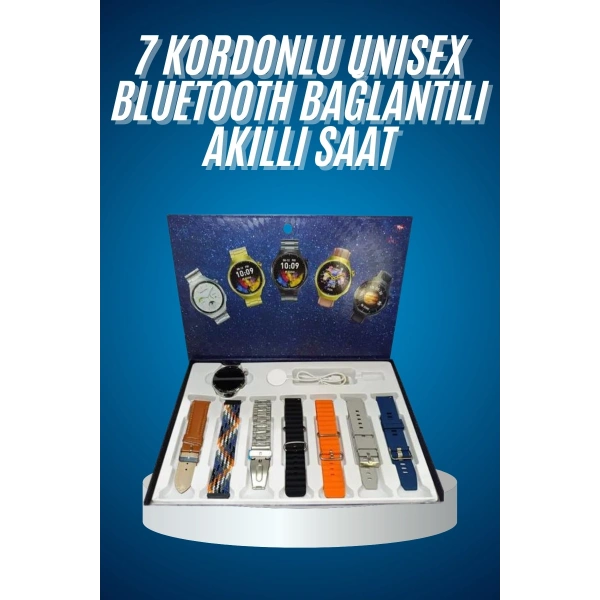 Unısex Yuvarlak Ekranlı 7 Kordonlu Akıllı Saat GPS Destekli Çoklu Kordon Seçeneği