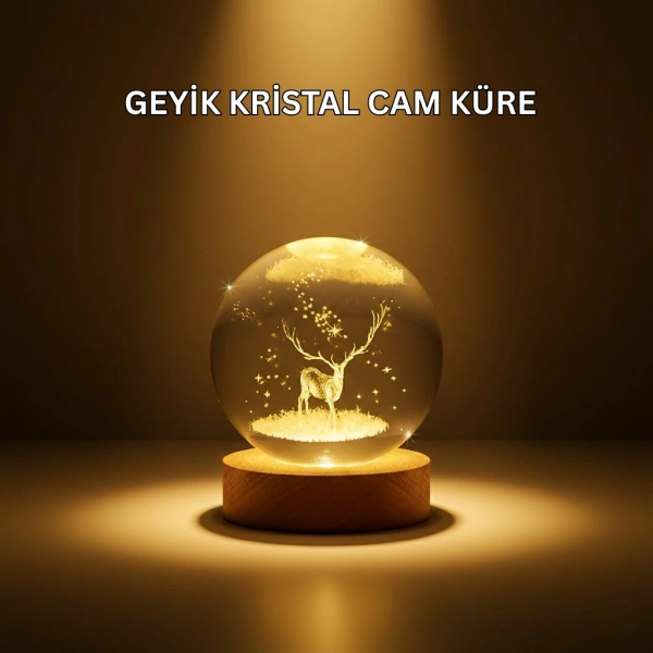 USB Bağlantılı Geyik Temalı Kristal Küre Premium Masa Gece Lambası