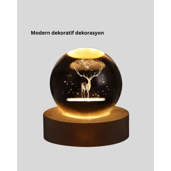 USB Bağlantılı Geyik Temalı Kristal Küre Premium Masa Gece Lambası