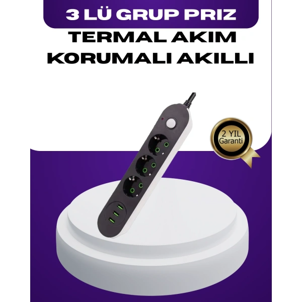 USB Yuvalı Anahtarlı Üçlü Priz 2 Metre Kablolu