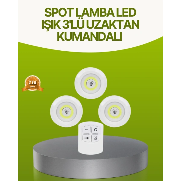 Uzaktan Kumandalı 3 Lü Kablosuz Led Spot Lamba Seti Yapışkanlı Pratik Kullanım