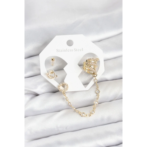 Uzay Model Pirinç Gold Renk Zincir Bağlantılı Ear Cuff Küpe Seti