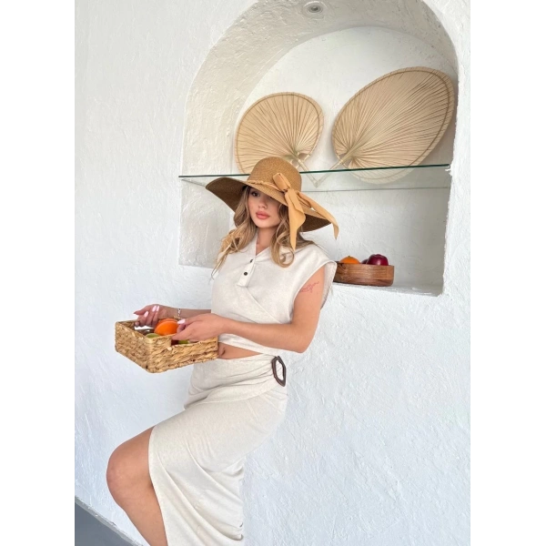 Uzun etekli bluz takım keten krem s255852