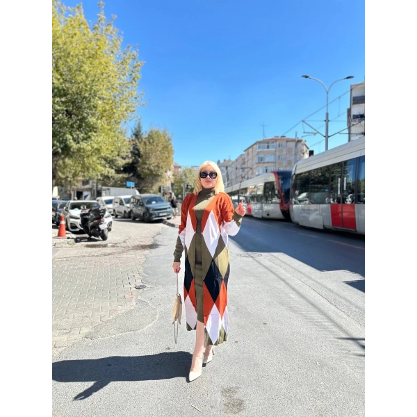 Uzun hırka içi elbise ikili triko takım ekose baklava desen haki kırmızı