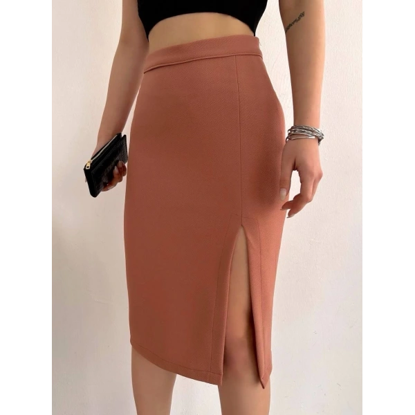 Uzun midi boy yırtmaçlı etek somon s24907