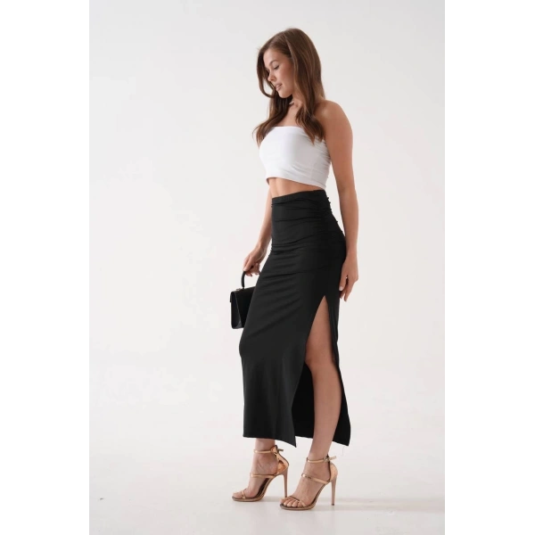 Uzun yırtmaçlı ince kumaş etek siyah