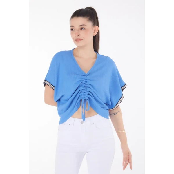 V yaka büzgülü detaylı bluz