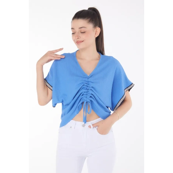 V yaka büzgülü detaylı bluz