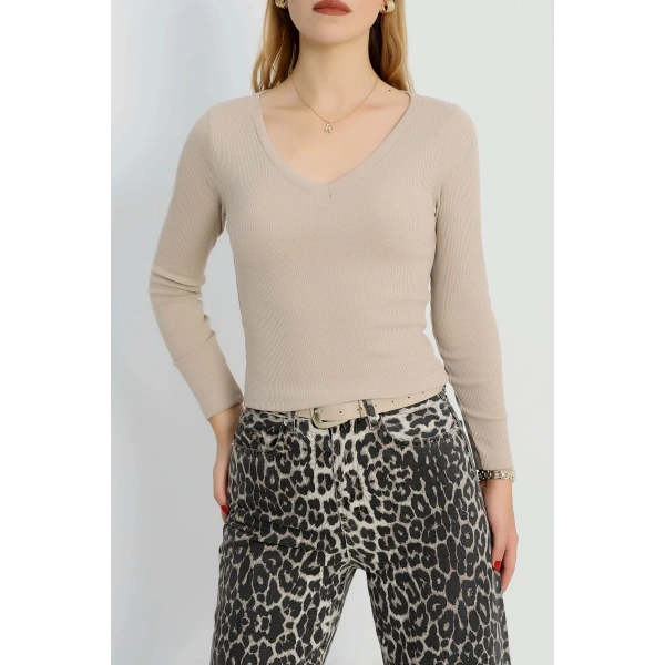 V yaka kaşkorse bluz bej a3699