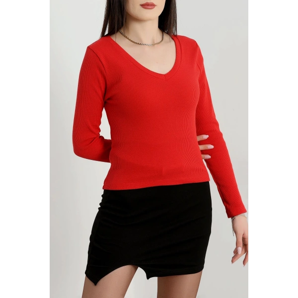 V yaka kaşkorse bluz kırmızı a3699
