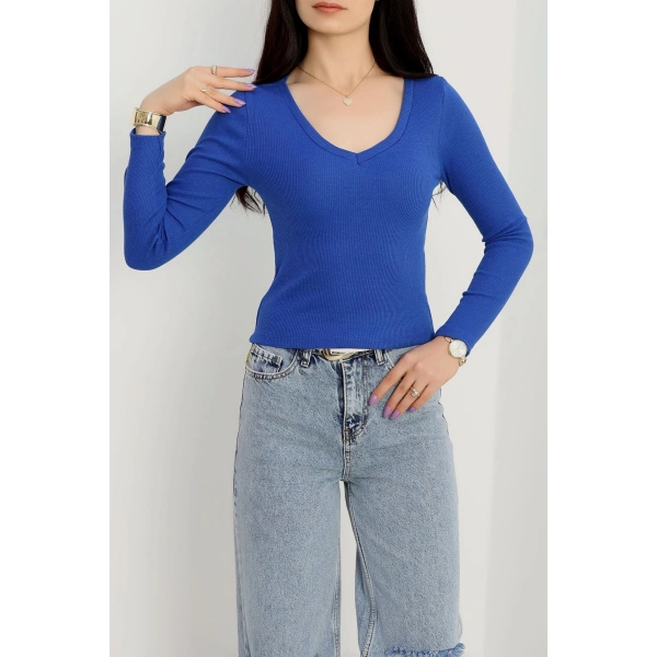 V yaka kaşkorse bluz saks mavisi a3699