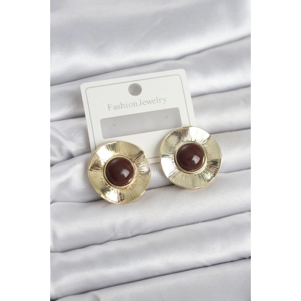 Vintage Model Kahverengi Gold Renk Pirinç Kadın Küpe