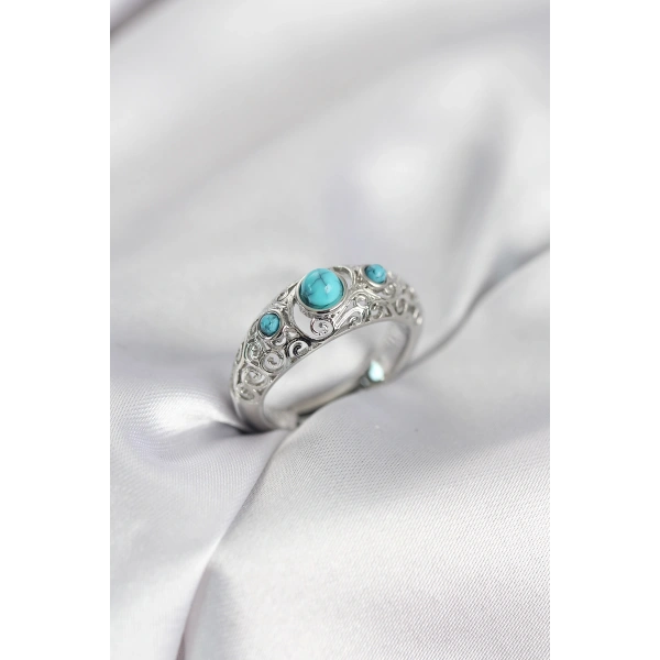 Vintage Model Mavi Taşlı Gümüş Renk Kadın Yüzük