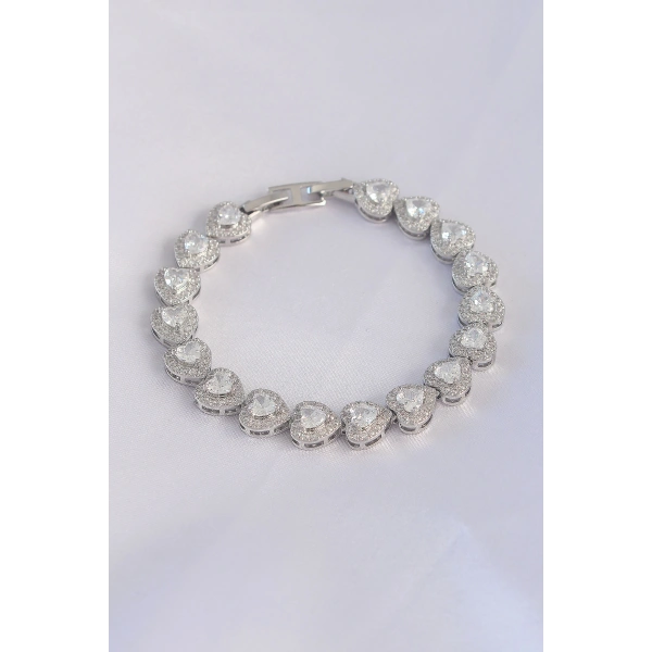 Vip Seri Pirinç Zirkon Taşlı Gümüş Renk Kalp Model Bileklik