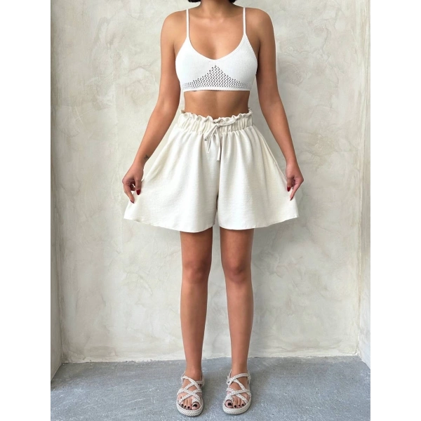 Volanlı keten şort bej s255058