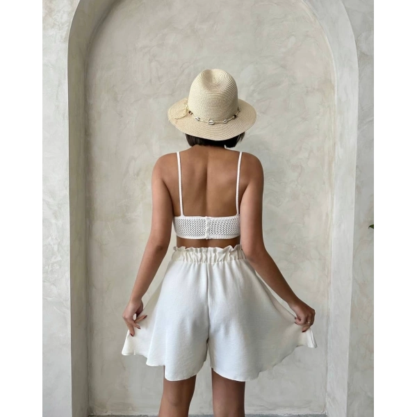 Volanlı keten şort bej s255058