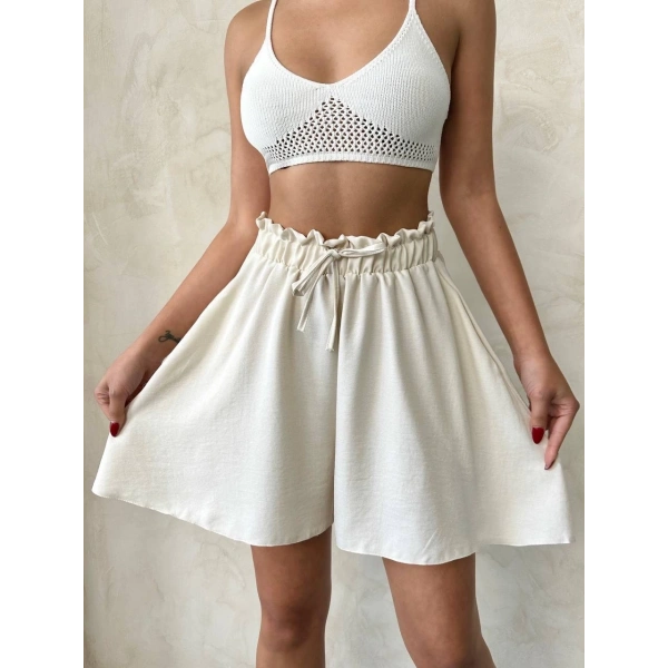 Volanlı keten şort bej s255058