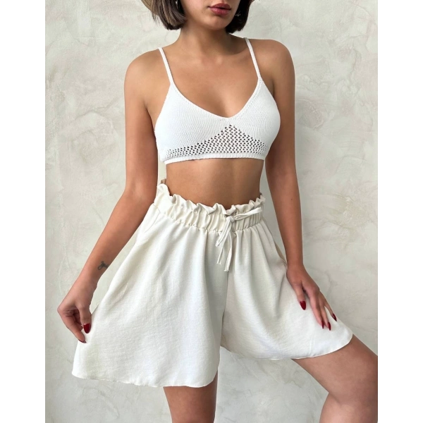 Volanlı keten şort bej s255058