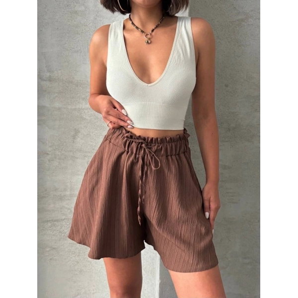 Volanlı keten şort kahve s255058