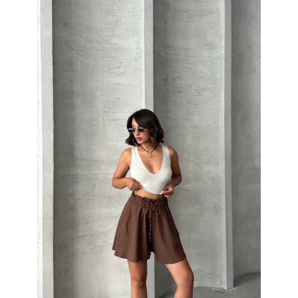 Volanlı keten şort kahve s255058