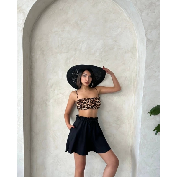 Volanlı keten şort siyah s255058