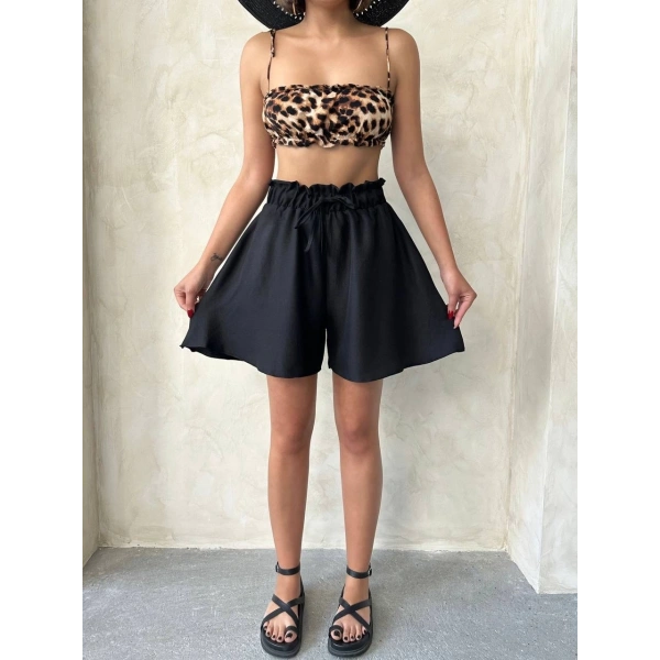 Volanlı keten şort siyah s255058
