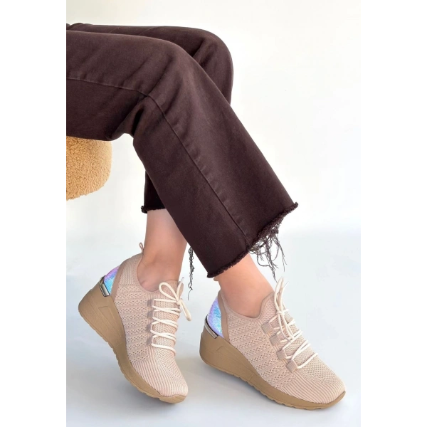 Weor Bej Triko Bağcıklı Spor Ayakkabı