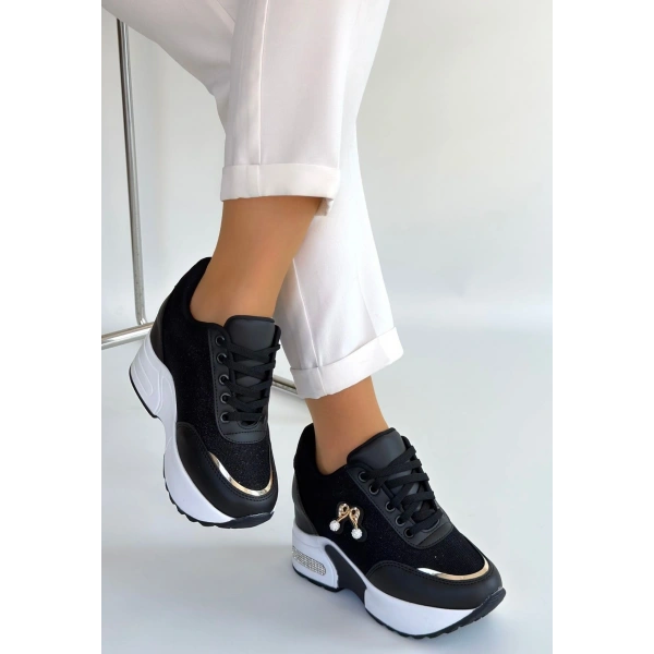 Wody Siyah Cilt Simli Bağcıklı Spor Ayakkabı