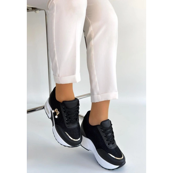 Wody Siyah Cilt Simli Bağcıklı Spor Ayakkabı