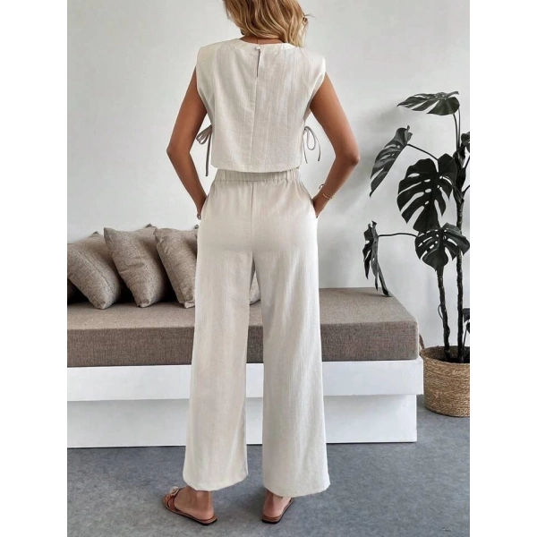 Yan bağlama detaylı pantolonlu takım bej