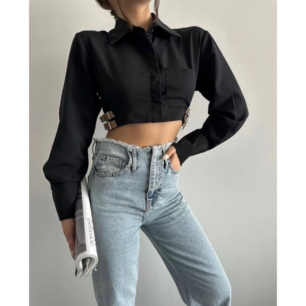 Yanı kemer detaylı crop gömlek siyah s4009