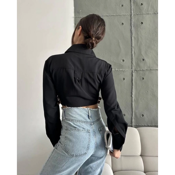 Yanı kemer detaylı crop gömlek siyah s4009