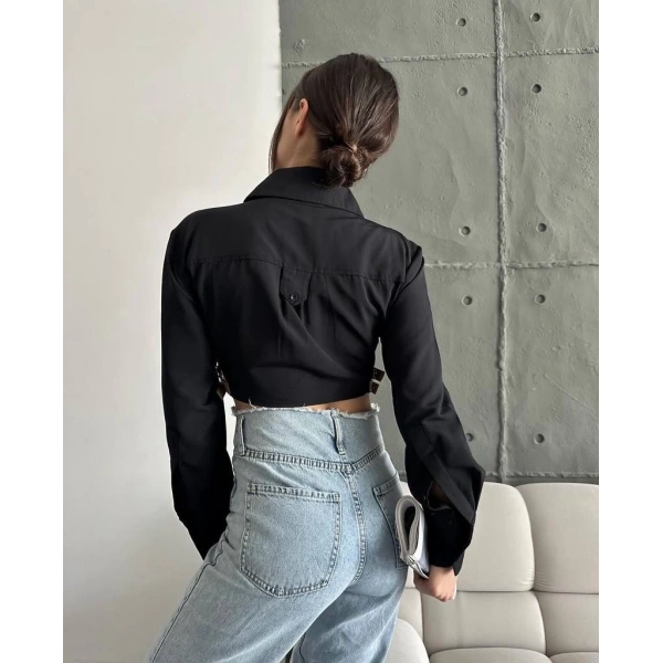 Yanı kemer detaylı crop gömlek siyah s4009