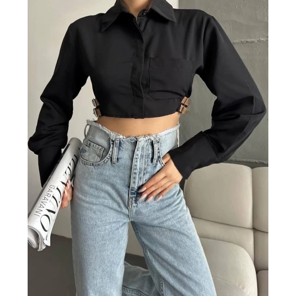 Yanı kemer detaylı crop gömlek siyah s4009