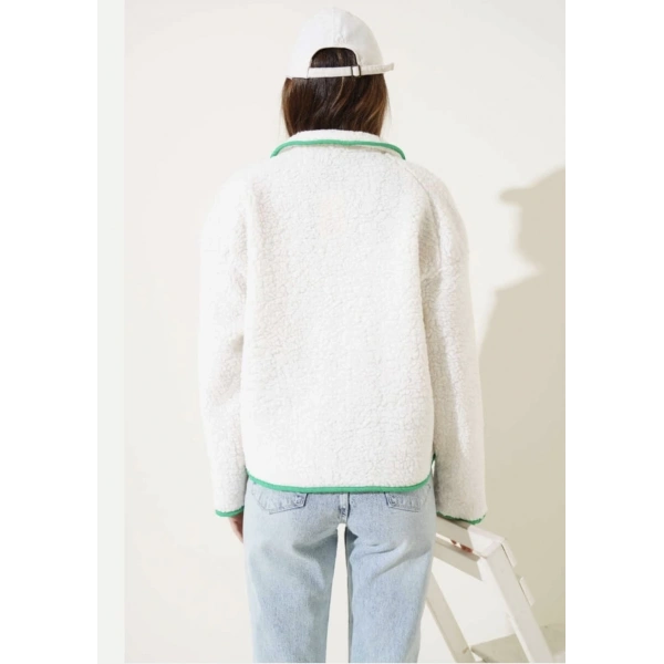 Yeşil fermuar cepli kuzu mont beyaz t1085