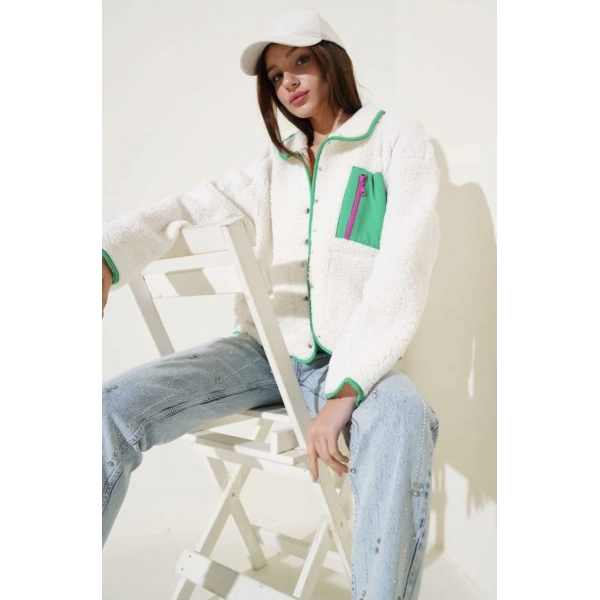 Yeşil fermuar cepli kuzu mont beyaz t1085